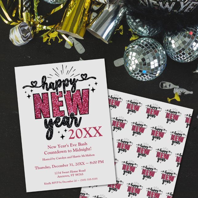 Invitation Fête de la Saint-Sylvestre (Glittery New Year's Eve Party Invitation)