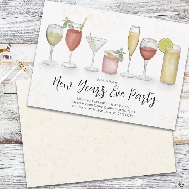 Invitation Fête de la Saint Sylvestre Aquarelle Cocktails (Créateur téléchargé)