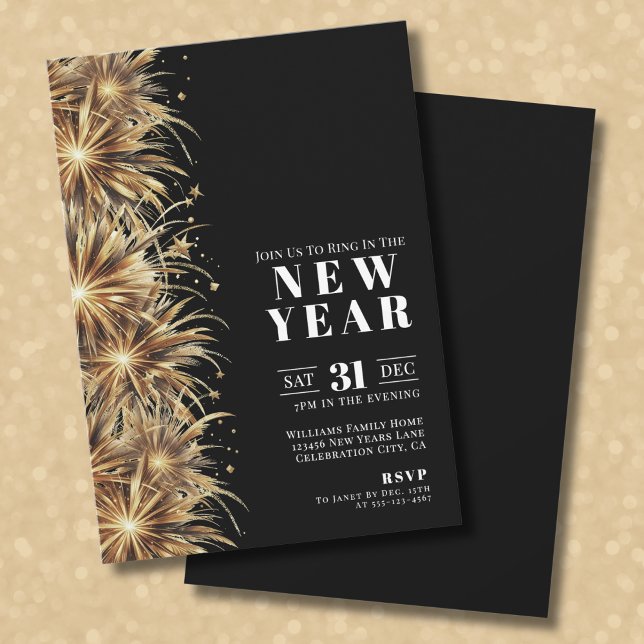 Invitation Fête de la Saint-Sylvestre Black moderne (Modern Black Gold New Year's Eve Party Invitation)