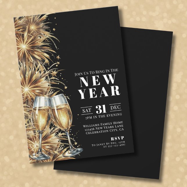 Invitation Fête de la Saint-Sylvestre du Champagne d'or noir  (Modern Black Gold Champagne New Year's Eve Party Invitation)