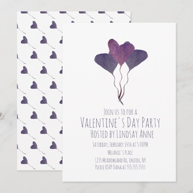 Invitation Fête de la Saint-Valentin Cœur Aquarelle Violet  (Devant / Derrière)