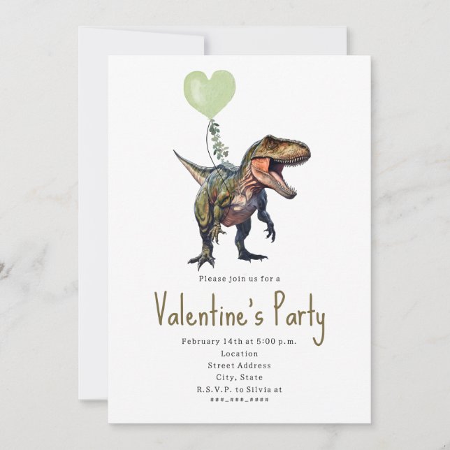 Invitation Fête de la Saint-Valentin Dinosaure Cœur Vert (Devant)