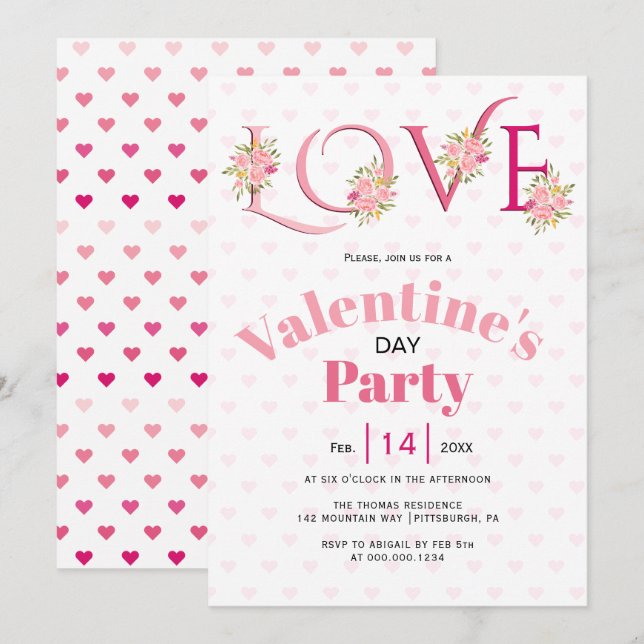 Invitation Fête de la Saint Valentin rose fleuri (Devant / Derrière)