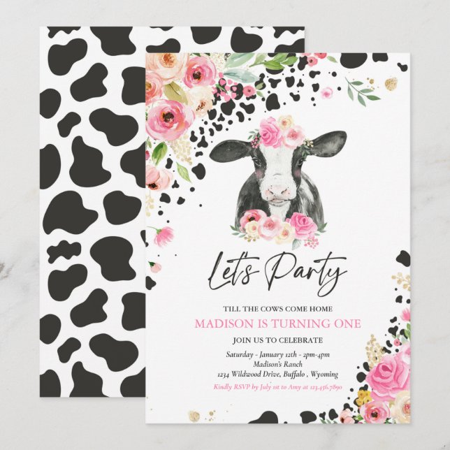 Invitation Fête de la vache Fête rose Floral Ranch Anniversai (Devant / Derrière)