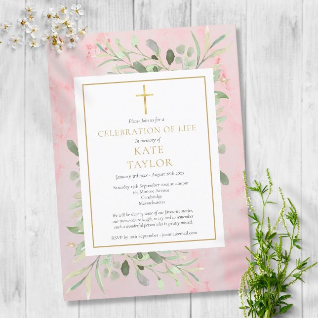 Invitation Fête de la verdure de la vie funéraire Marbre rose (Créateur téléchargé)