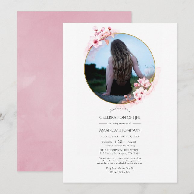 Invitation Fête de la vie en fleurs de cerisier rose (Devant / Derrière)