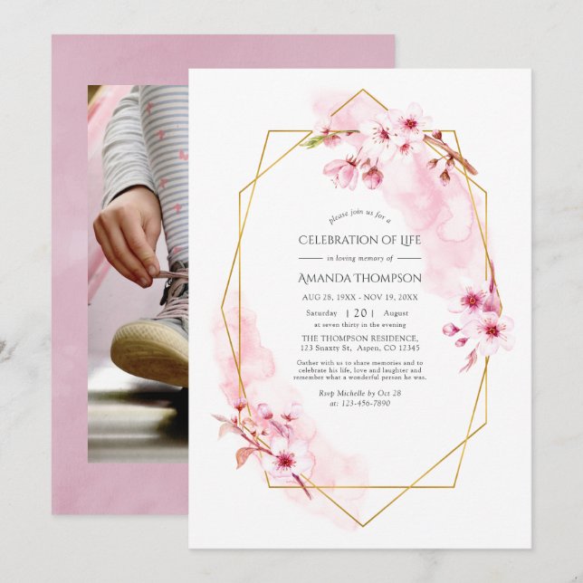 Invitation Fête de la vie en fleurs de cerisier rose géométri (Devant / Derrière)