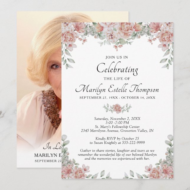 Invitation Fête de la vie rose florale aquarelle photo (Devant / Derrière)