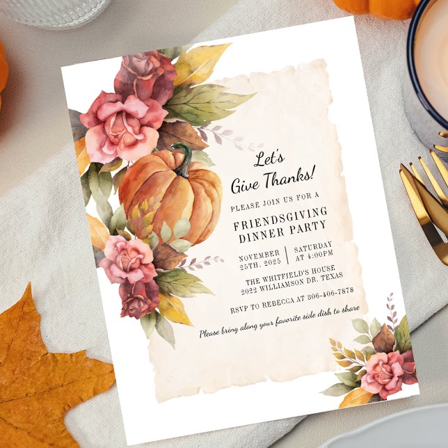 Invitation Fête de l'Action de Grâce Floral Rustique de Citro (Lets Give Thanks Thanksgiving Dinner Floral Pumpkin Invitation)