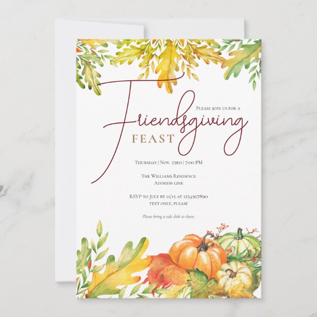 Invitation Fête de l'Ami Citrouille Thanksgiving Dîner (Devant)