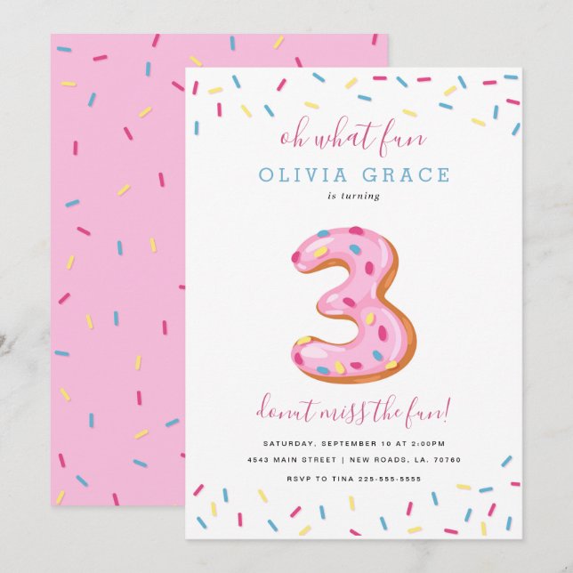 Invitation Fête de l'anniversaire de Donut| Trois (Devant / Derrière)