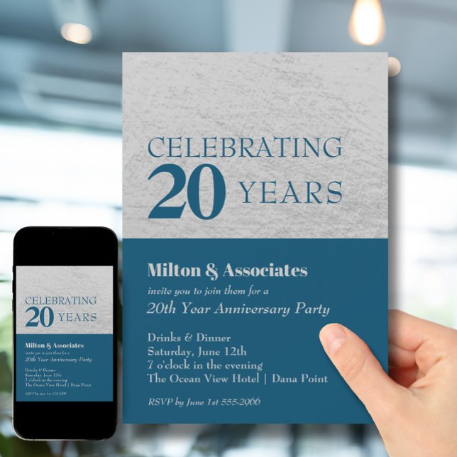 Invitation Fête de l'anniversaire de l'entreprise Bleu et arg (Change to ANY YEAR. Order printed and instant download (great to email as a reminder.))