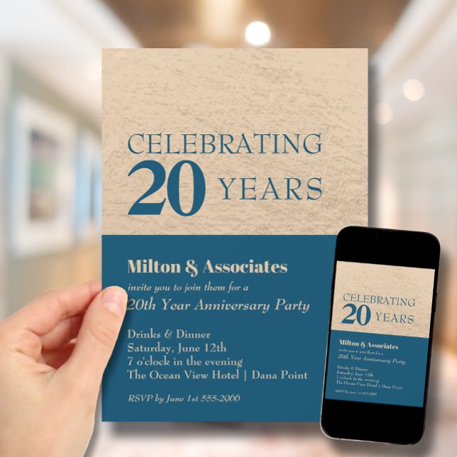Invitation Fête de l'anniversaire de l'entreprise Blue & Gold (Change to ANY YEAR. Order printed and instant download (great to email as a reminder.))