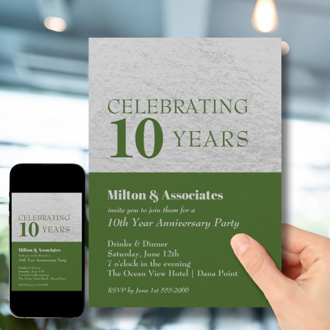 Invitation Fête de l'anniversaire de l'entreprise Green Silve (Change to ANY YEAR. Order printed and instant download (great to email as a reminder.))
