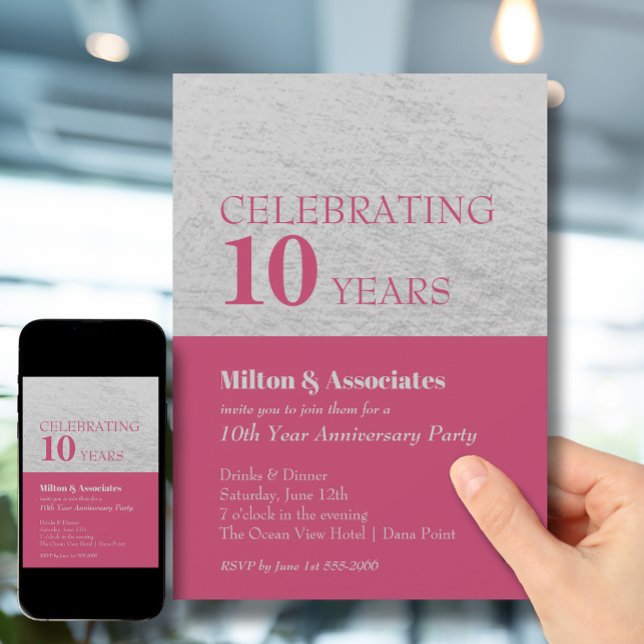 Invitation Fête de l'anniversaire de l'entreprise Hot Pink Si (Change to ANY YEAR. Order printed and instant download (great to email as a reminder.))