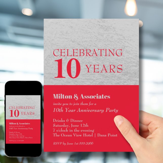 Invitation Fête de l'anniversaire de l'entreprise Red Silver (Change to ANY YEAR. Order printed and instant download (great to email as a reminder.))