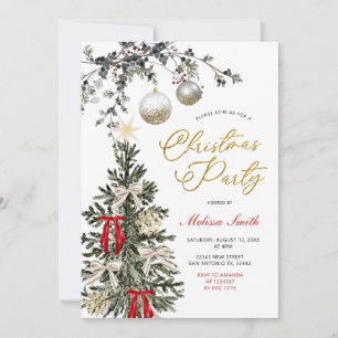 Invitation Fête de l'Arbre de Noël Étoiles Ruban Rouge Hiver