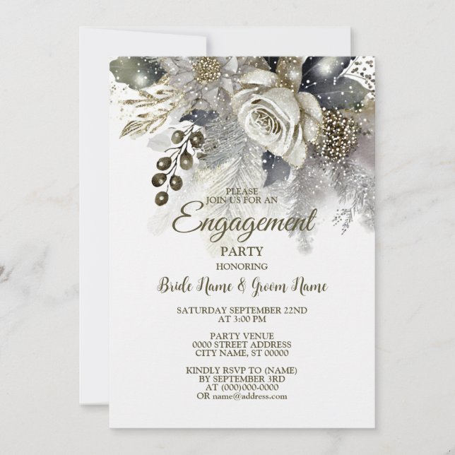 Invitation Fête de l'engagement Argent Golden White Roses Fle (Devant)