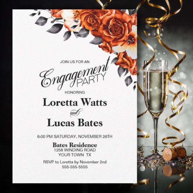 Invitation Fête de l'engagement Floral Rose orange brûlé (Créateur téléchargé)