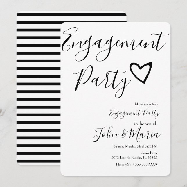 Invitation Fête de l'engagement moderne Black Stripes Coeur (Devant / Derrière)