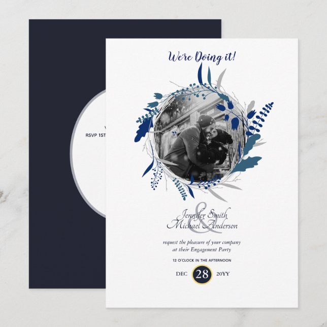 Invitation Fête de l'engagement moderne PHOTO Blue Wreath (Devant / Derrière)