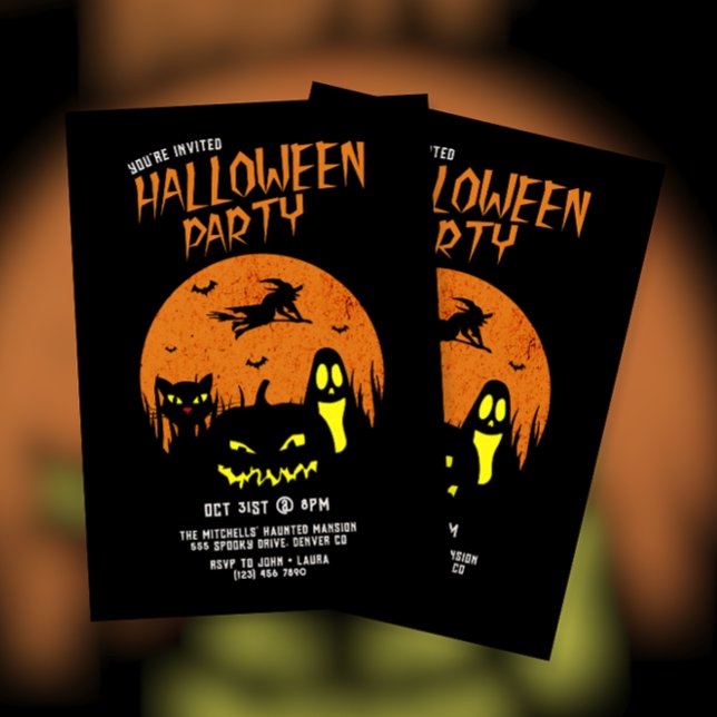 Invitation Fête de l'Halloween Citrouille effrayant Chat et F (Créateur téléchargé)