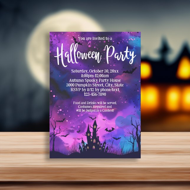 Invitation Fête de l'Halloween de la Maison hantée violet (purple haunted house invitation)