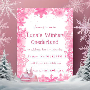 Invitation Fête de l'hiver flocon de neige rose Onederland
