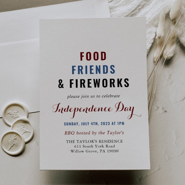 Invitation Fête de l'Indépendance Aliments Amis et feux d'art (Créateur téléchargé)