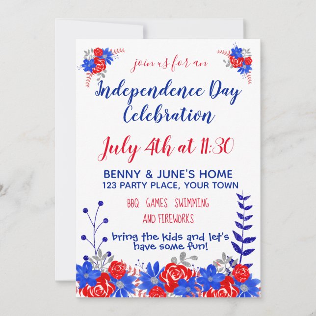 Invitation Fête de l'Indépendance Aquarelle Florale (Devant)