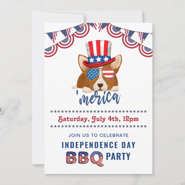 Invitation Fête de l'Indépendance drapeau américain Corgi BBQ (Devant)