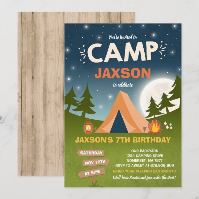 Invitation Fête de l'invitation d'anniversaire de camping (Devant / Derrière)