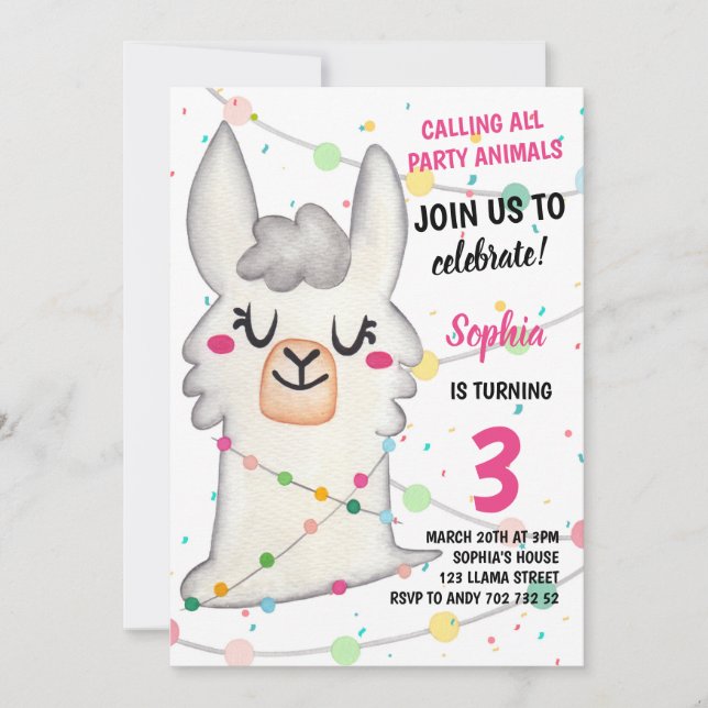 Invitation Fête de Llama Fille Animaux Llama Fun Anniversaire (Devant)