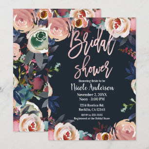 Invitation Fête de l'mariée à la mode Blue Rose Gold Floral