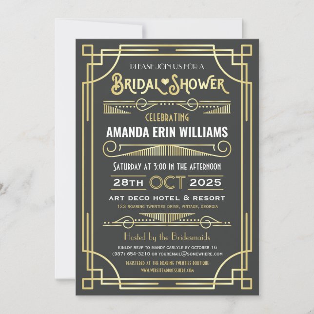 Invitation Fête de l'mariée Art Déco Elegant Gold Grey Retro (Devant)