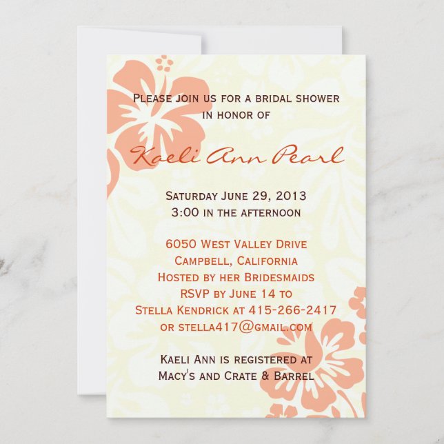 Invitation Fête de l'mariée aux fleurs de plage - Coral (Devant)