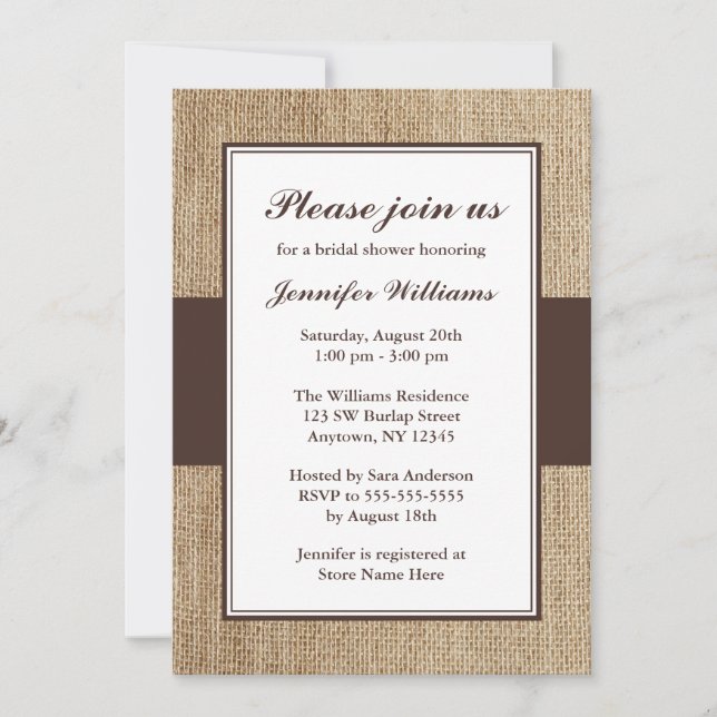 Invitation Fête de l'mariée Brown Formelle Rustic Burlap (Devant)