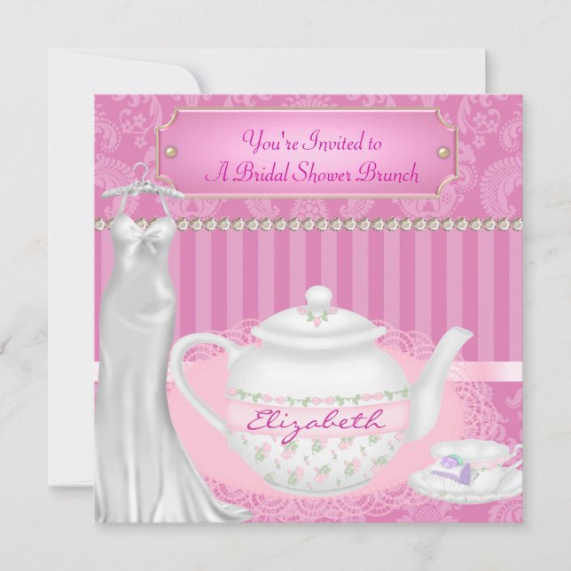 Invitation Fête de l'mariée Brunch Teapot & Teacup Damask (Devant)