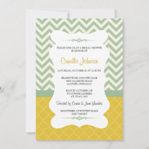 Invitation Fête de l'mariée Chevron moderne bleue et jaune él