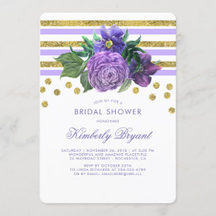 Invitation Fête de l'mariée chic Gold Stripes et Purple Flowe
