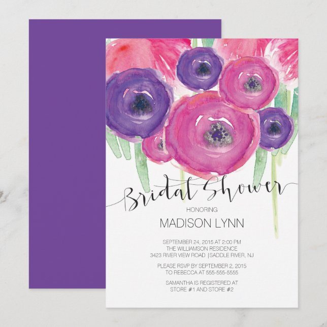 Invitation Fête de l'mariée d'aquarelle couleur violet gras (Devant / Derrière)