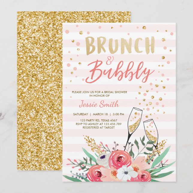 Invitation Fête de l'mariée de Brunch et champagne d'or rose (Devant / Derrière)