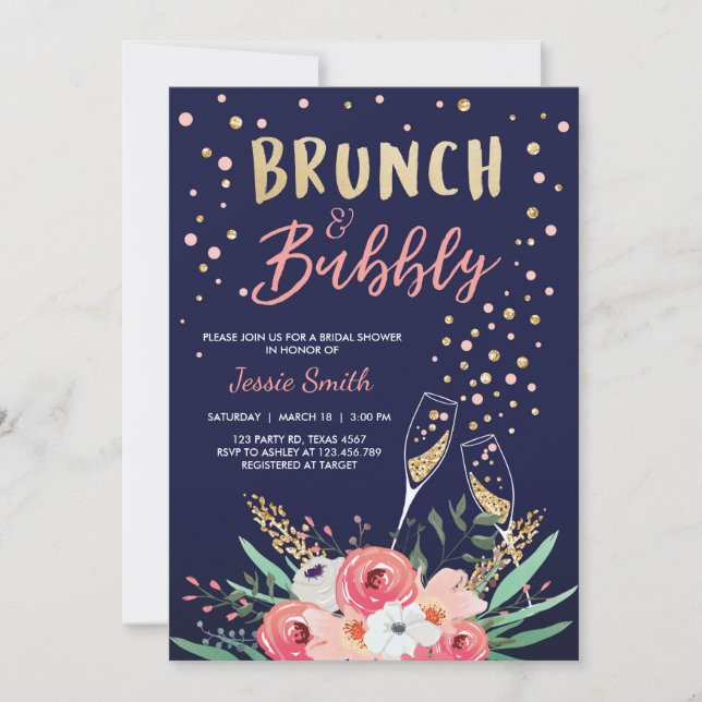 Invitation Fête de l'mariée de Brunch et champagne d'or rose (Devant)