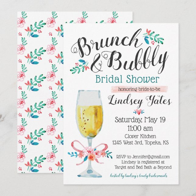Invitation Fête de l'mariée de Brunch et de Bubbly (Devant / Derrière)