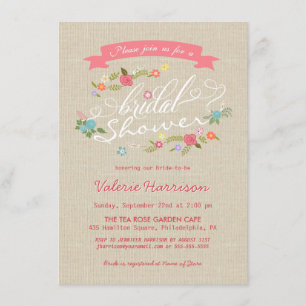 Invitation Fête de l'mariée de Burlap beige à couronne floral