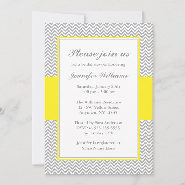 Invitation Fête de l'mariée de Chevron jaune et gris (Devant)