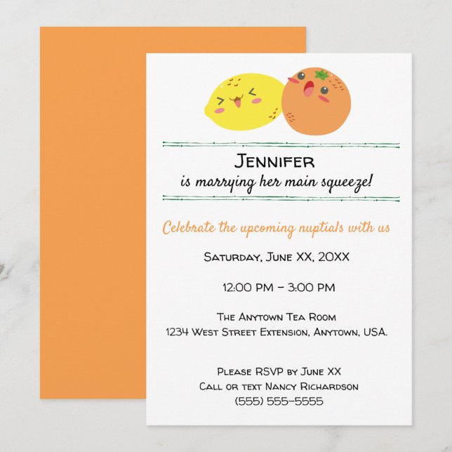Invitation Fête de l'mariée de citron et d'orange de Kawaii (Devant / Derrière)