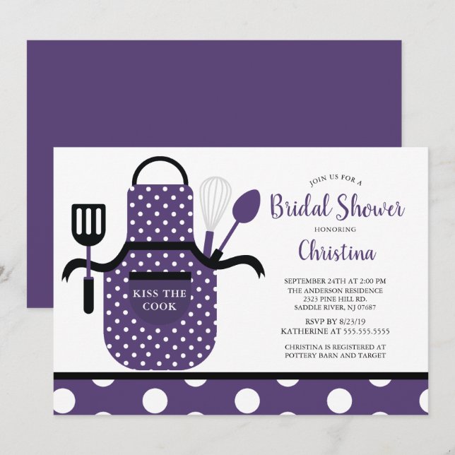 Invitation Fête de l'mariée de cuisine violette rétro amusant (Devant / Derrière)