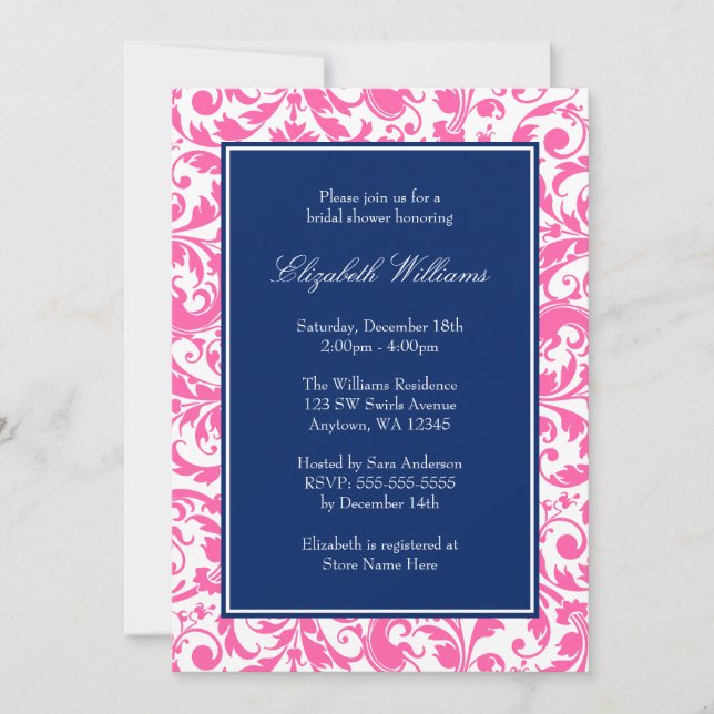 Invitation Fête de l'mariée de Damas de Navy Blue and Pink Sw (Devant)