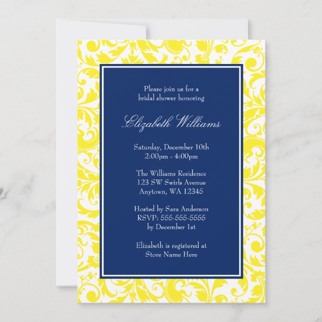 Invitation Fête de l'mariée de Damas de Navy Blue and Yellow  (Devant)